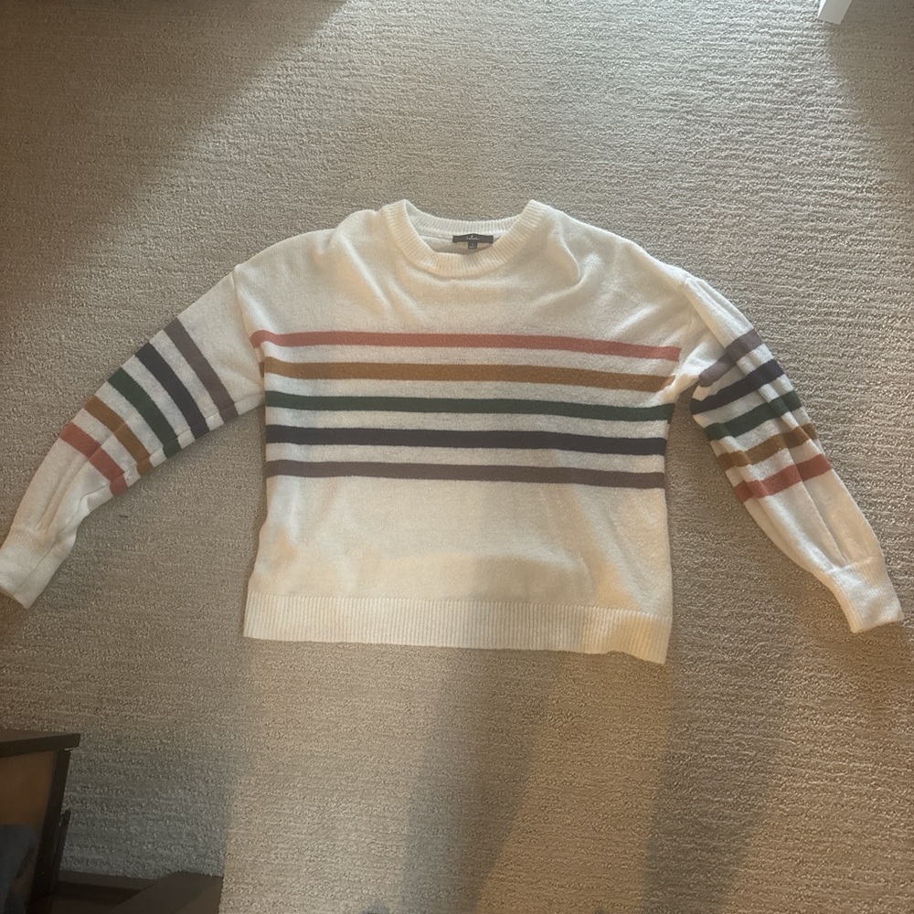 Never work! Lulus oversized cream and striped sweater. Not itchy.